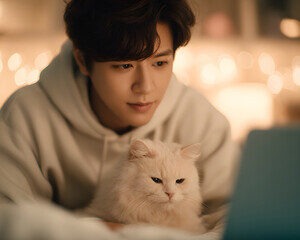 A cat ready for clinical assessment for eligibility for Psychiatric Support Animals Georgia together with a man.