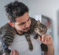 A man smiles while a tabby cat comfortably rests on his shoulder, showcasing a warm bond between pet and owner.